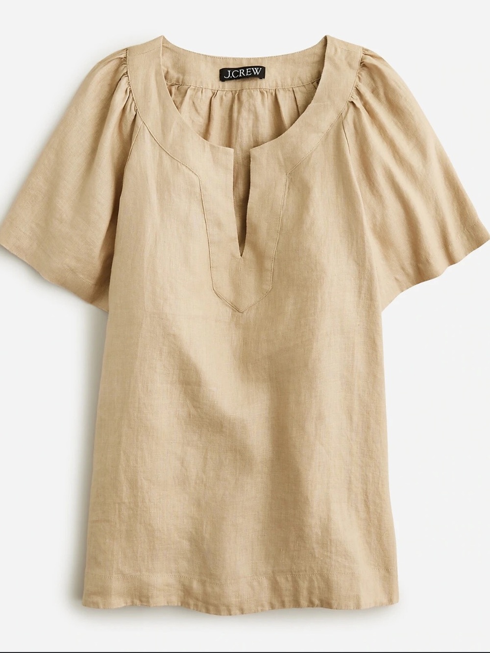 J. Crew Harvest Tan Linen V-Neck Flutter Sleeve Top